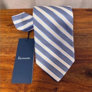 NWT FACONNABLE Blue, White & Silver Striped‎ Silk Tie